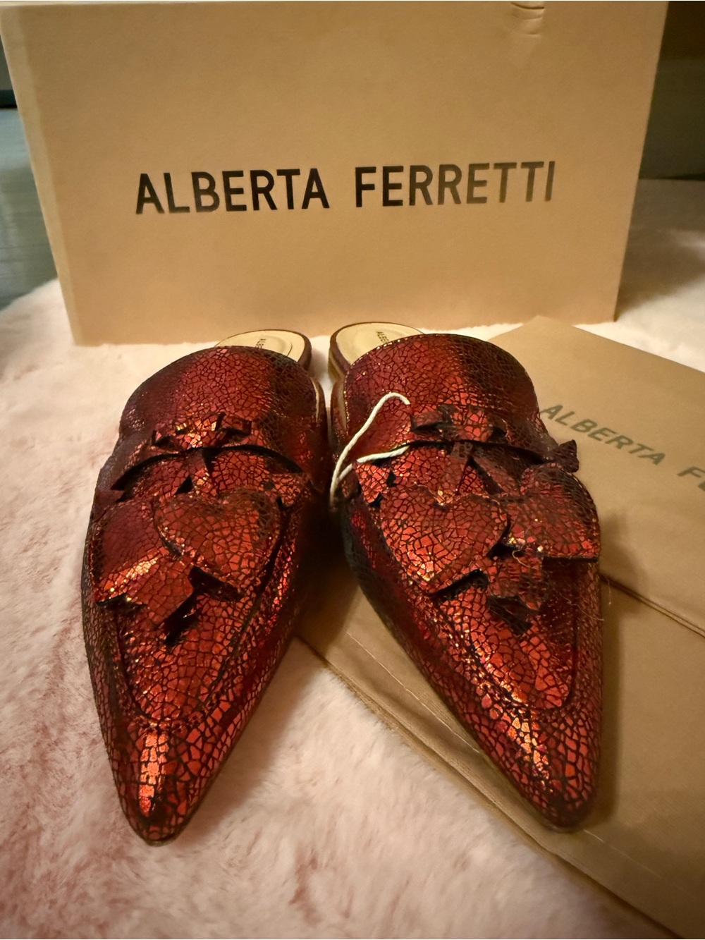 Alberta Ferretti Red Metallic Hearts Crackle Pointed Toe Mule Flats